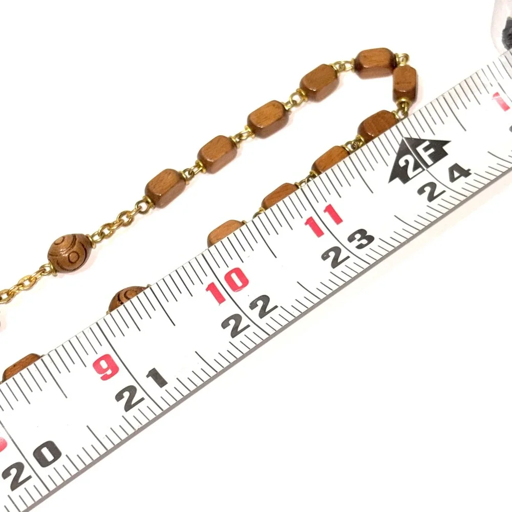 Vintage Wood Bead Rosary Gold Tone Lourdes Medal Crucifix Religious Necklace 24